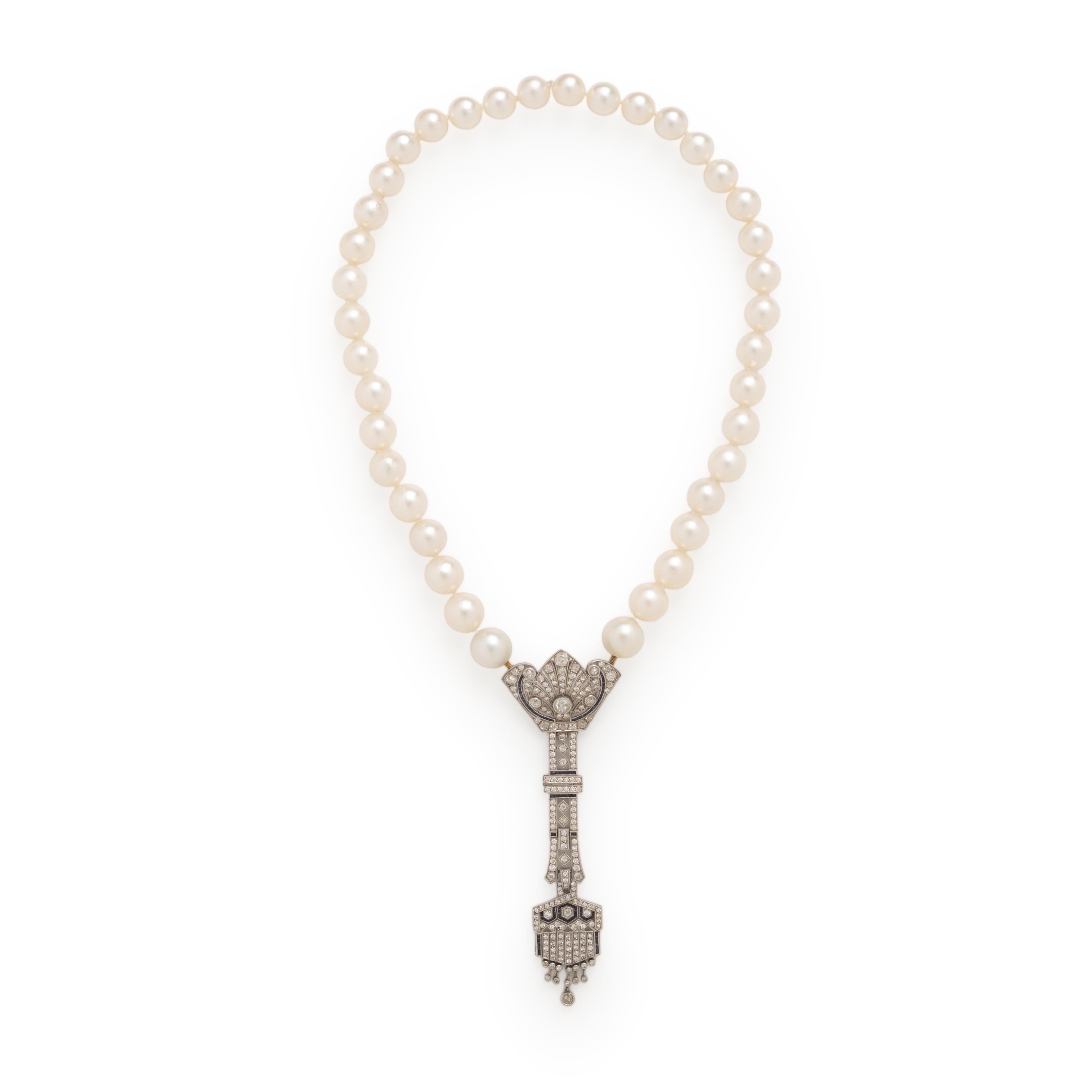 Cultured Pearl, Diamond, and Platinum Necklace