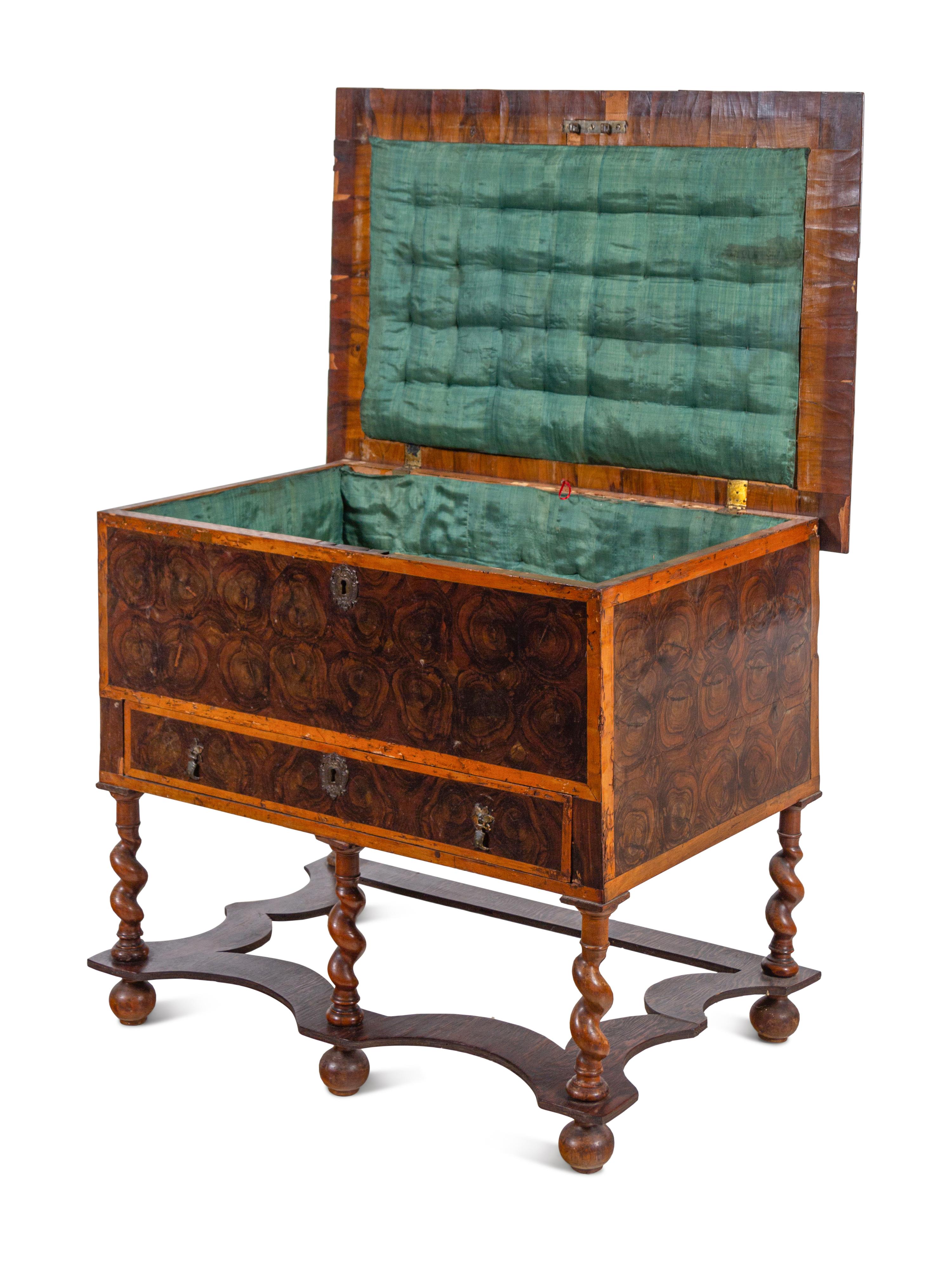 A William and Mary Oysterwood Veneered Chest on Stand