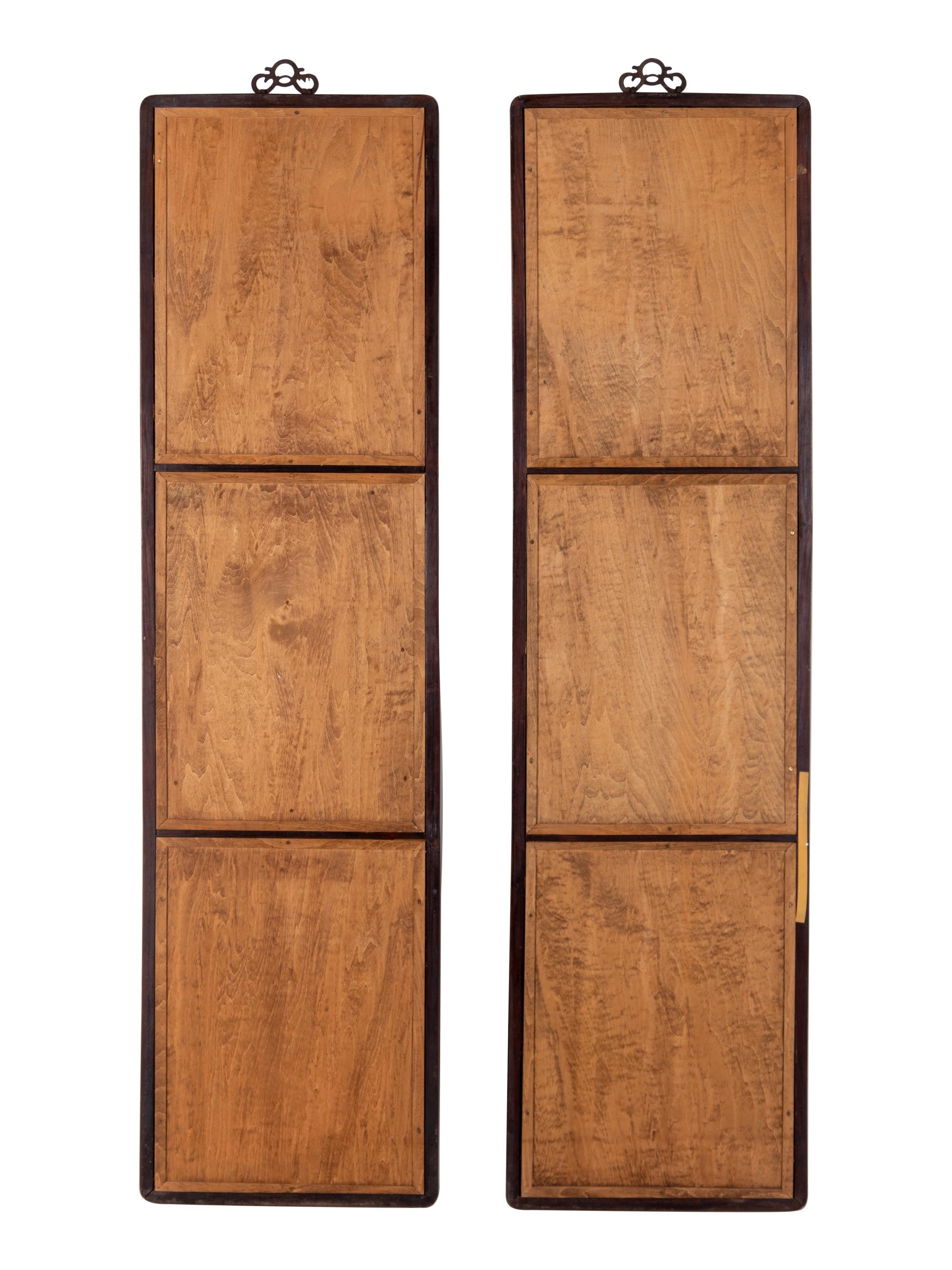 A Pair of Chinese Famille Rose Porcelain Inset Hardwood Wall Panels
