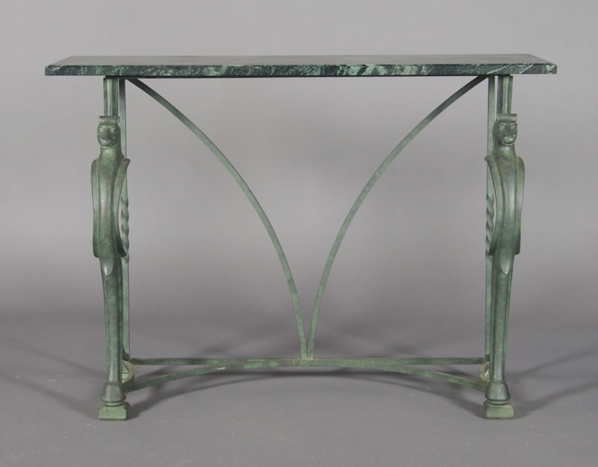 A Cast Iron Art Deco Style Console Table, Height 31 1/2 x width 44 x depth 14 1/4 inches.
