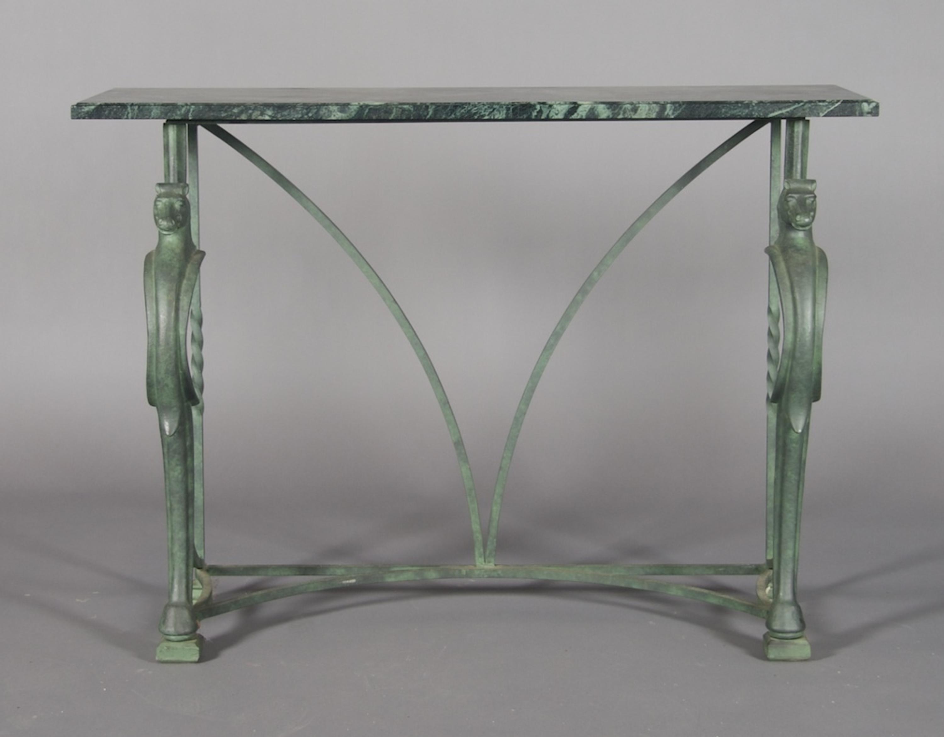 A Cast Iron Art Deco Style Console Table, Height 31 1/2 x width 44 x depth 14 1/4 inches.