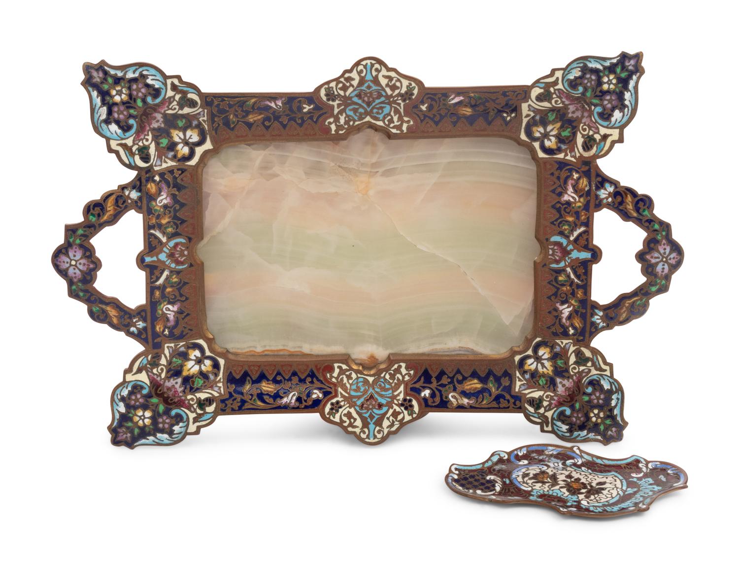 A French Gilt Bronze, Onyx and Champlevé Enamel Card Tray