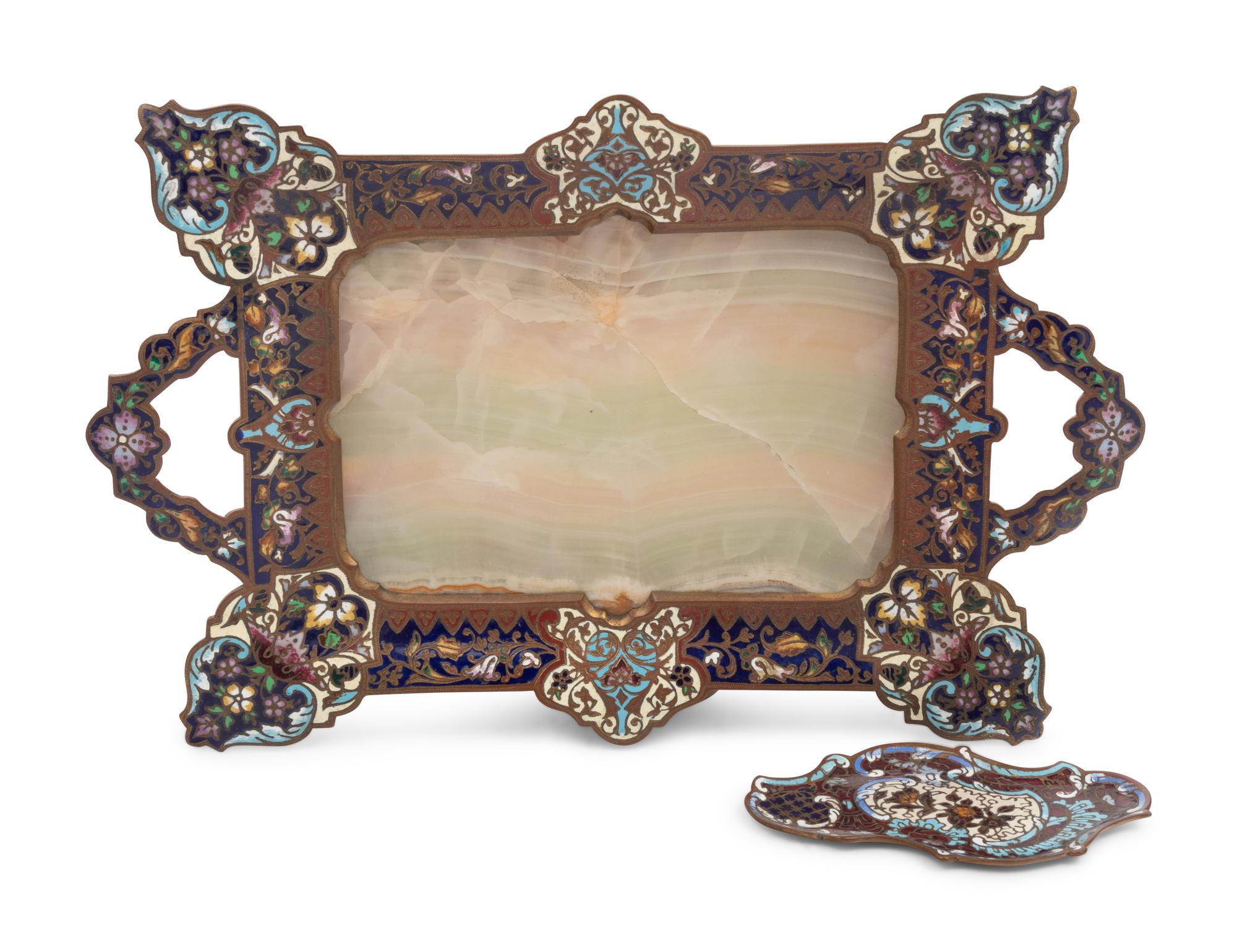 A French Gilt Bronze, Onyx and Champlevé Enamel Card Tray