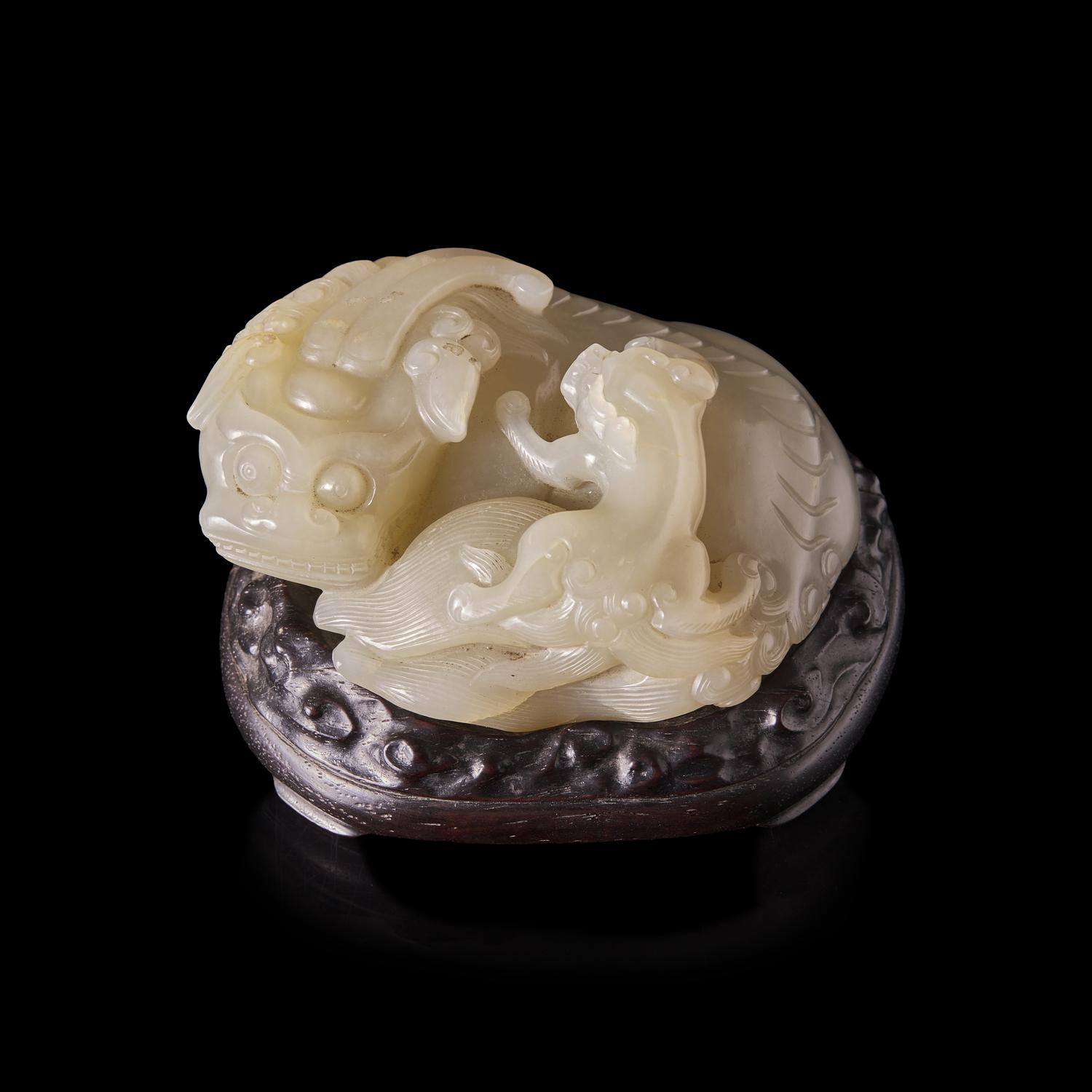 A Chinese Carved Greyish-White Jade Mythical Beasts Group 灰白玉太獅少獅