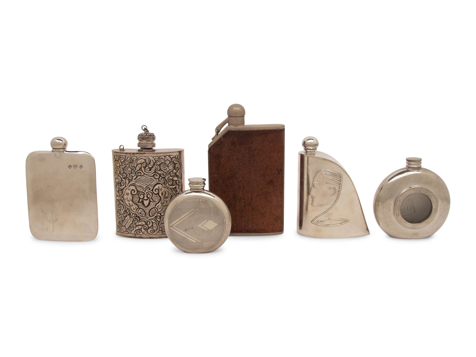 A Group of Six Pewter and Silver-Plate Flasks