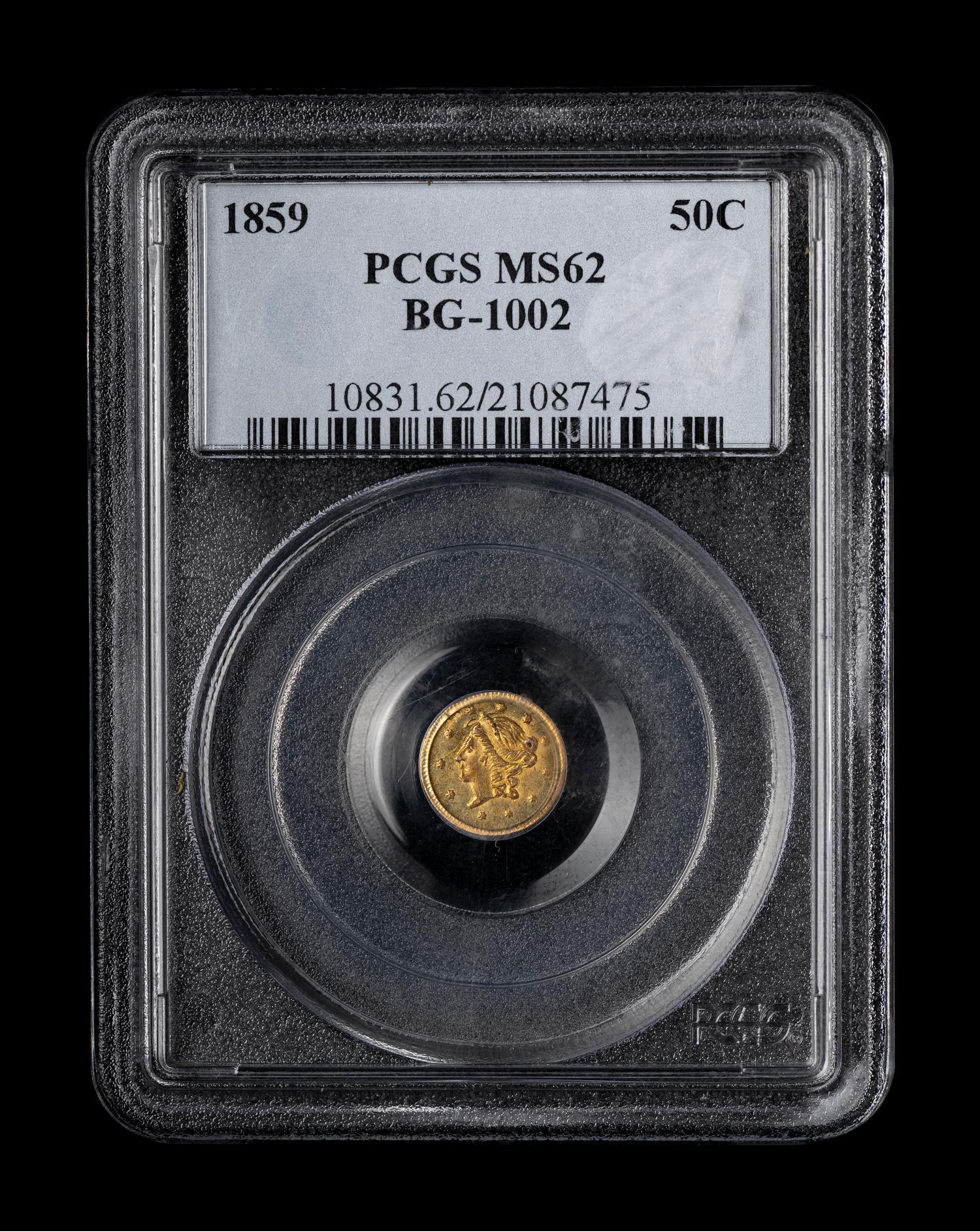[CALIFORNIA FRACTIONAL GOLD] An 1859 $1/2 Gold Coin [BG-1002] (PCGS MS62)