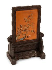 A Chinese Hardstone Inlaid Lacquer and Carved Hardwood Table Screen