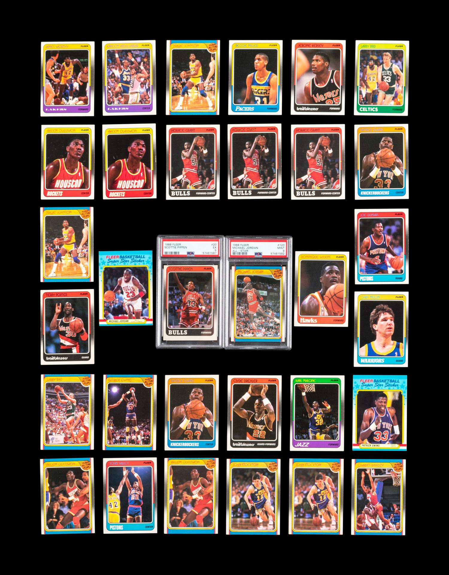 A Group of 31 1988 Fleer Basketball Cards Including a Michael Jordan All-Star No. 120 (PSA 9 MINT) and Scottie Pippen Rookie No. 20 (PSA 5 EX)