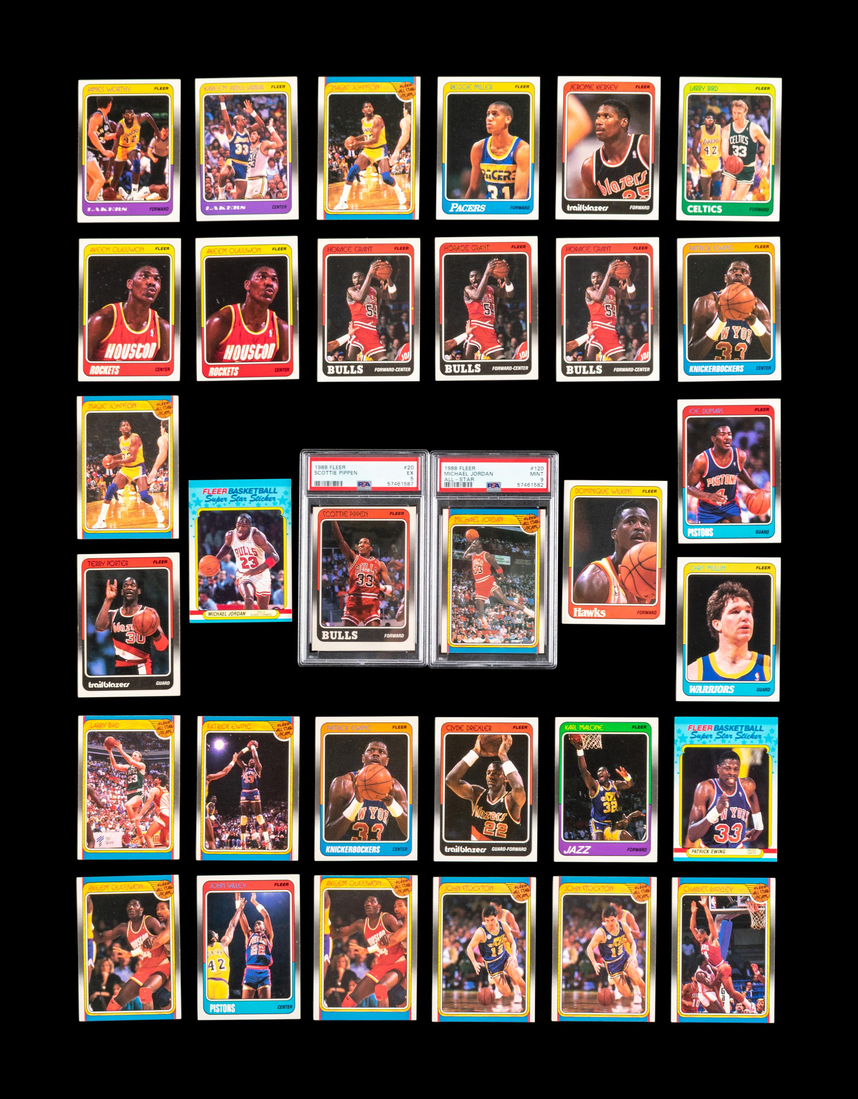 A Group of 31 1988 Fleer Basketball Cards Including a Michael Jordan All-Star No. 120 (PSA 9 MINT) and Scottie Pippen Rookie No. 20 (PSA 5 EX)