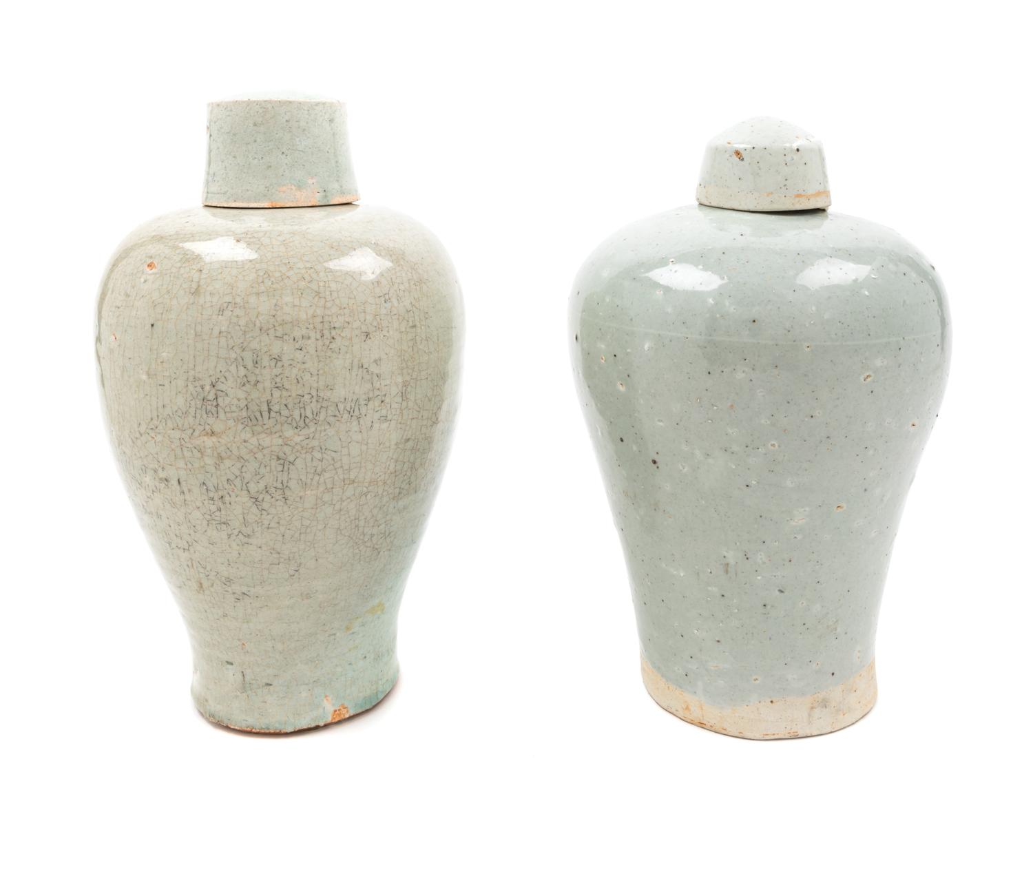 Two Qingbai Glazed Porcelain Covered Vases Height 12 1/2 inches. — YUAN DYNASTY (1279-1368 C.E.)