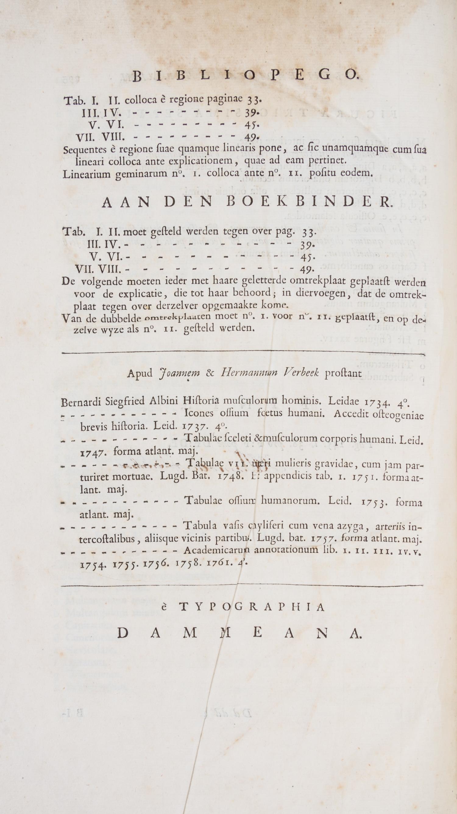(ANATOMY) EUSTACHI, BARTOLOMEO and BERNHARD ALBINUS. Bernardi Siegfried Albini...Leiden, 1761. Second edition.