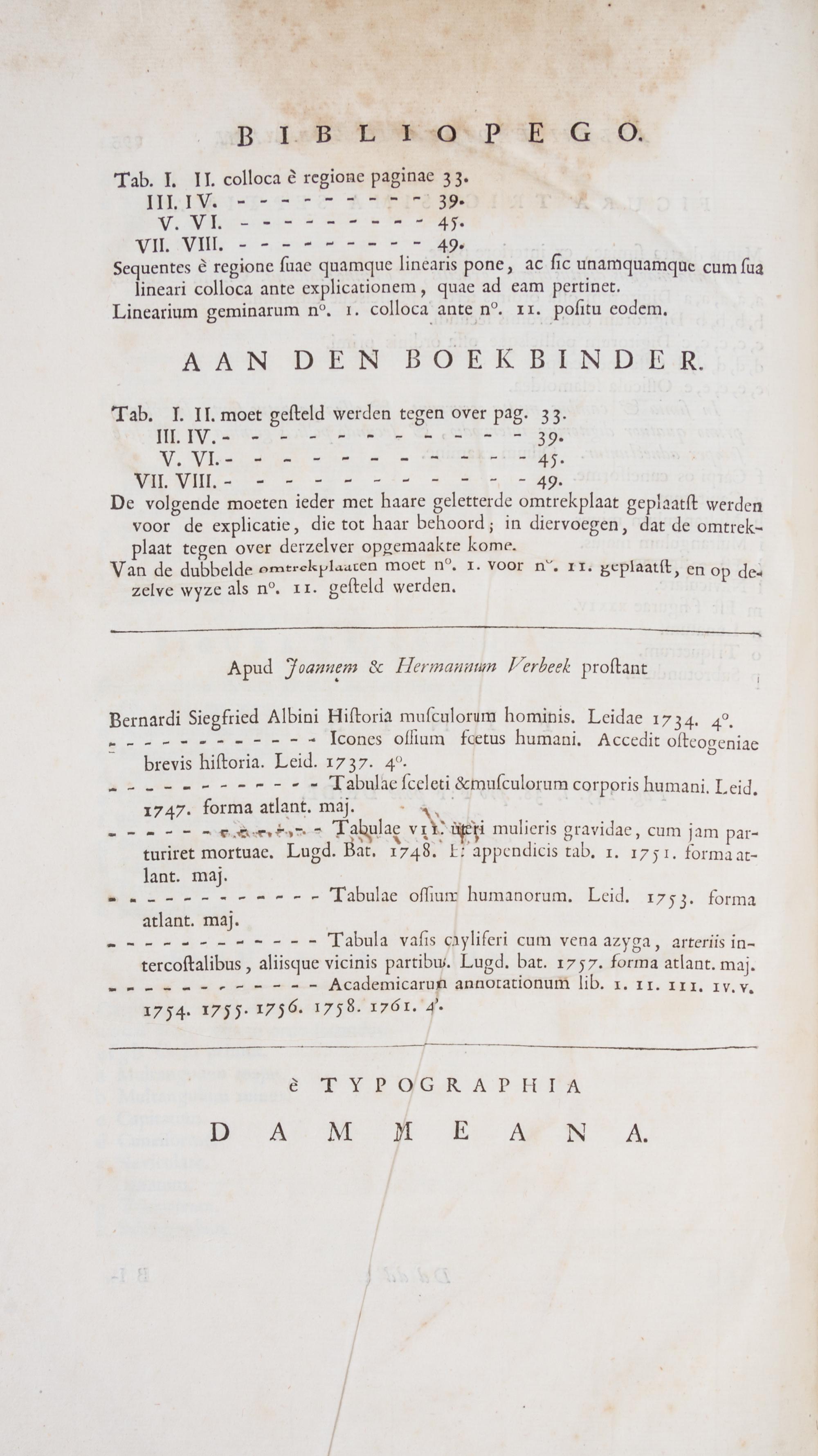 (ANATOMY) EUSTACHI, BARTOLOMEO and BERNHARD ALBINUS. Bernardi Siegfried Albini...Leiden, 1761. Second edition.