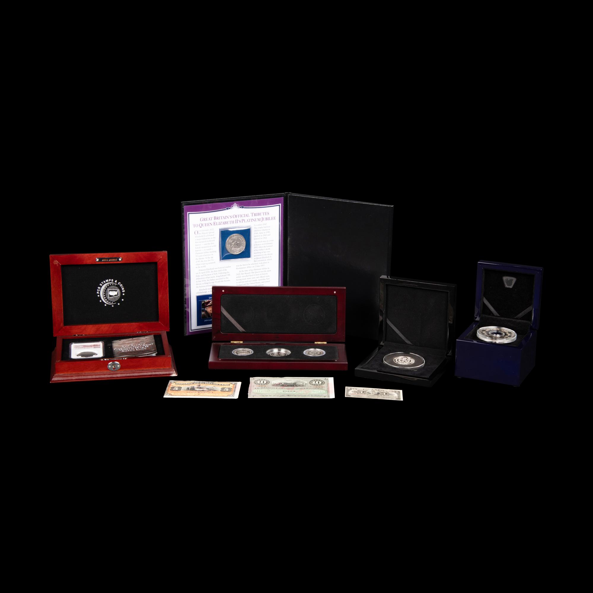 A Collection of International and Private-Issue Coins and Paper Money