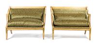 A Pair of Italian Painted Settees, Height 38 x width 50 x depth 29 inches.