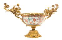 A French Gilt Bronze Mounted Japanese Porcelain Centerpiece Bowl Height 21 x width over candelabra 36 inches.