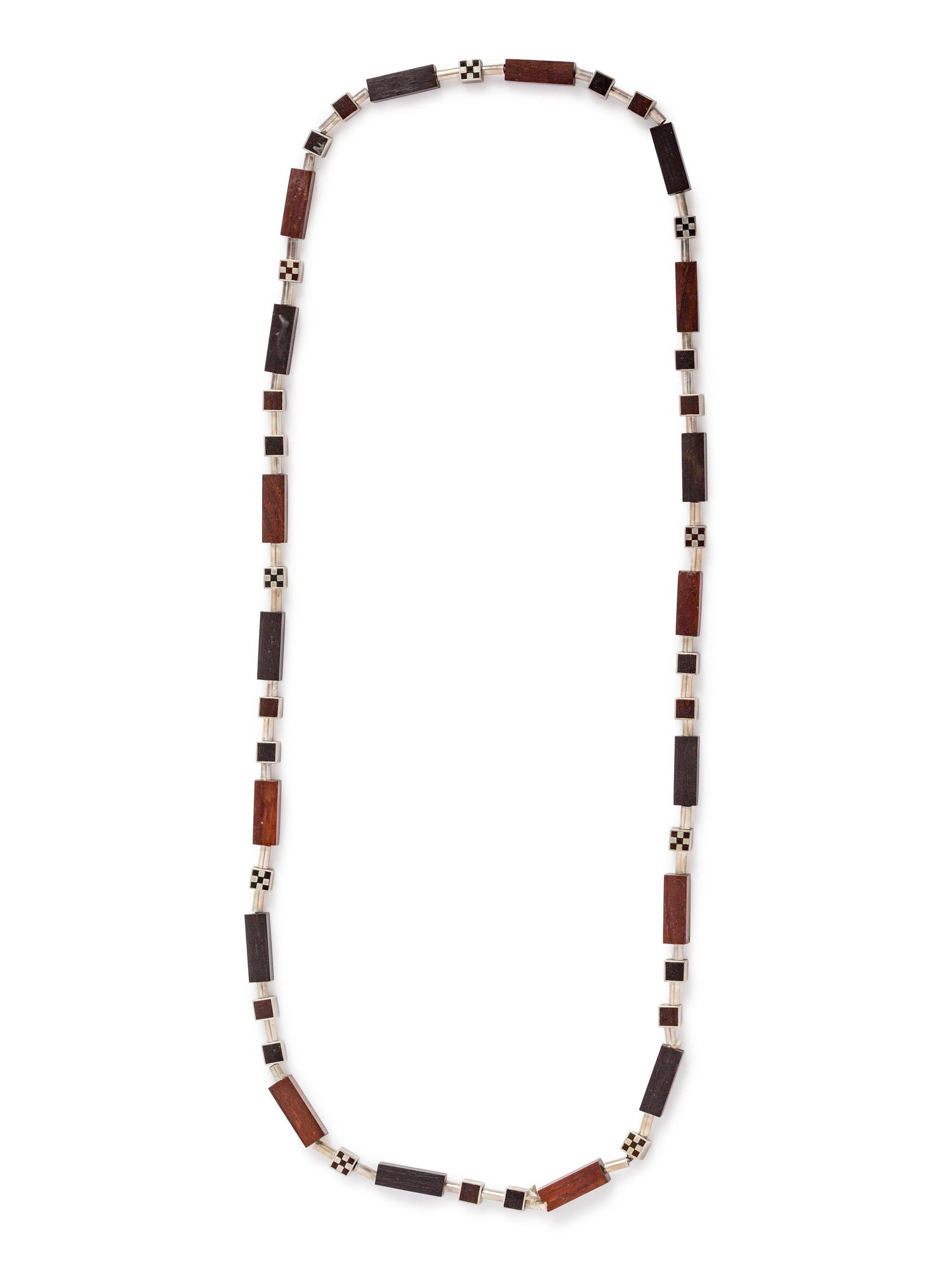 A Silver, Wood and Enamel Bead Necklace,