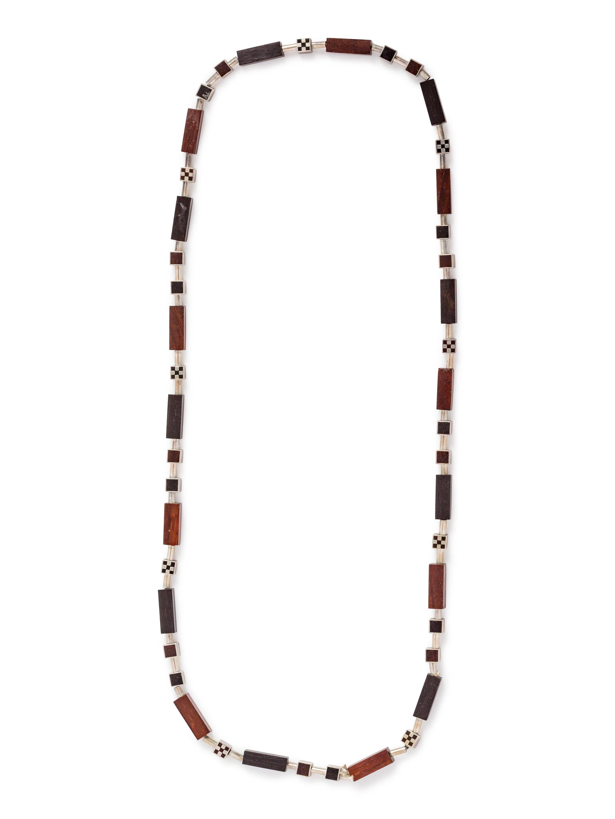 A Silver, Wood and Enamel Bead Necklace,