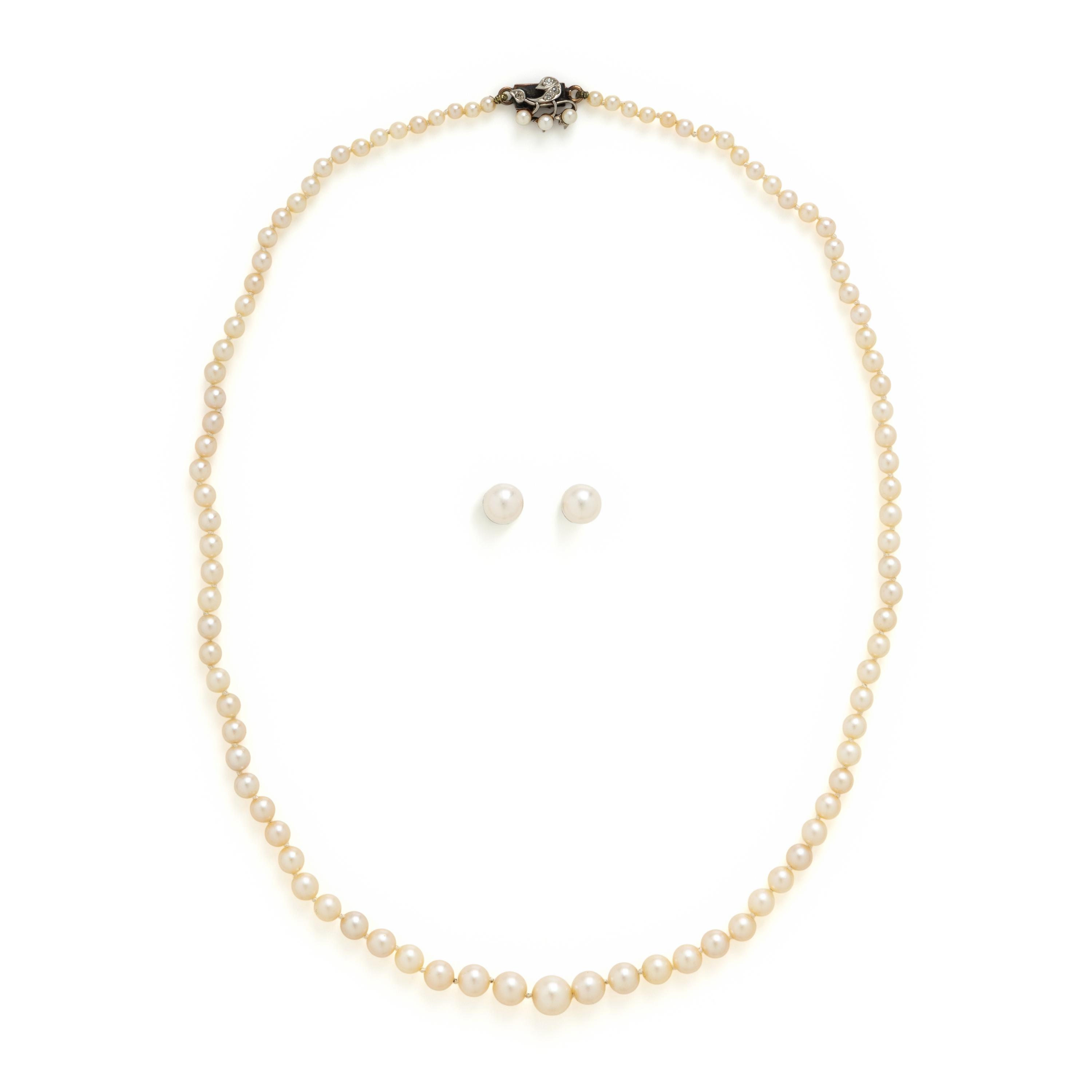 Mikimoto, Cultured Pearl Earrings with an Unsigned Cultured Pearl Necklace
