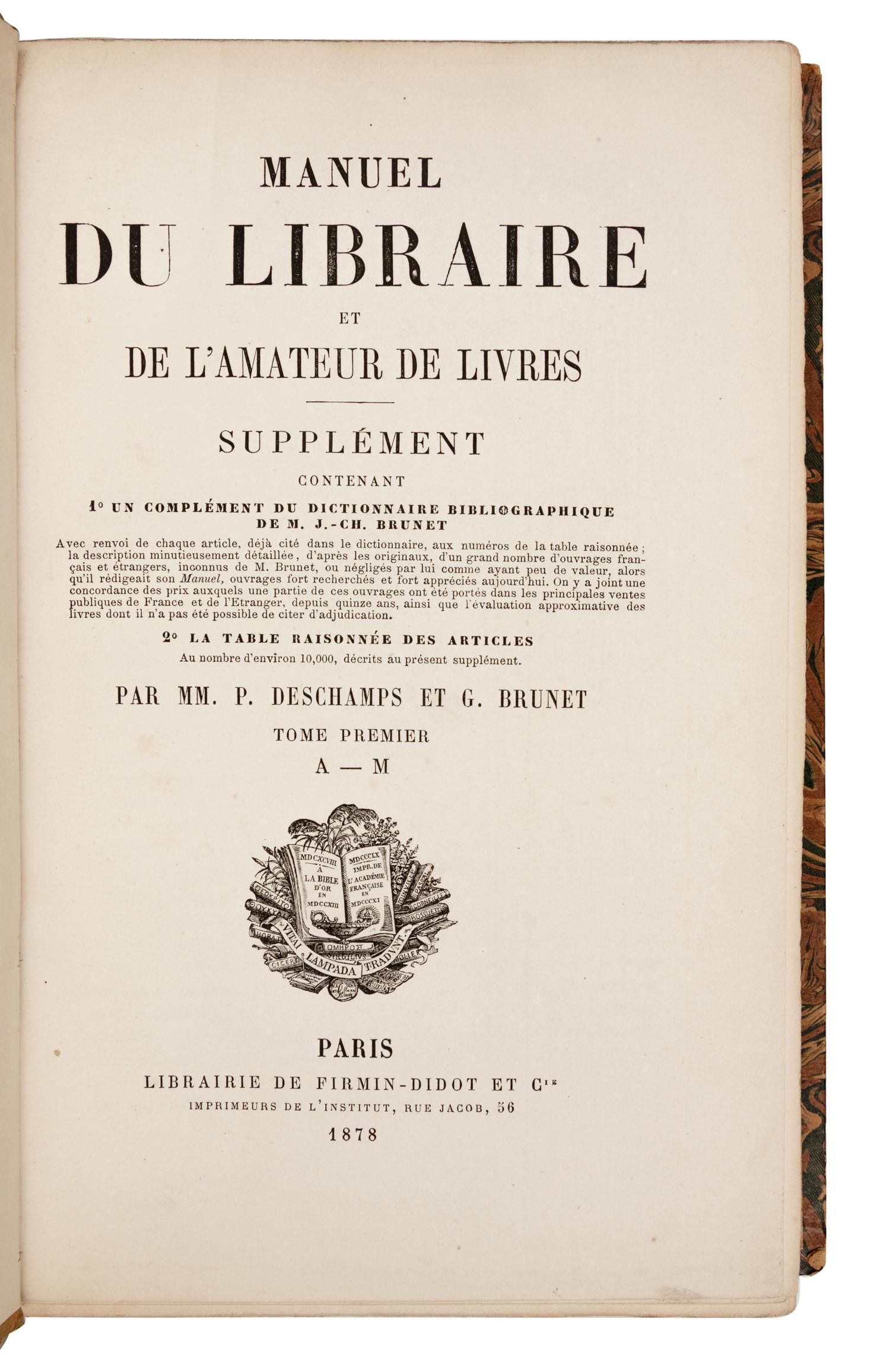 [BOOKS ABOUT BOOKS] -- [BIBLIOGRAPHY]. BRUNET, Jacques Charles (1780-1867). Manuel du libraire et de l'amateur de livres . Berlin: Fraenkel & Cie, 1921-22.