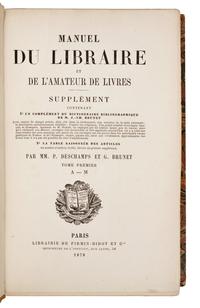 [BOOKS ABOUT BOOKS] -- [BIBLIOGRAPHY]. BRUNET, Jacques Charles (1780-1867). Manuel du libraire et de l'amateur de livres . Berlin: Fraenkel & Cie, 1921-22.