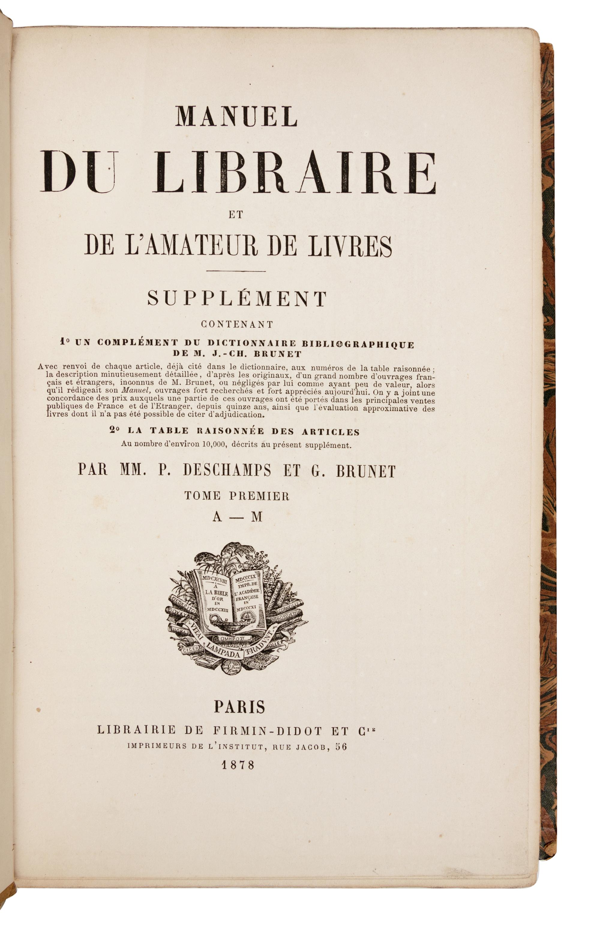[BOOKS ABOUT BOOKS] -- [BIBLIOGRAPHY]. BRUNET, Jacques Charles (1780-1867). Manuel du libraire et de l'amateur de livres . Berlin: Fraenkel & Cie, 1921-22.