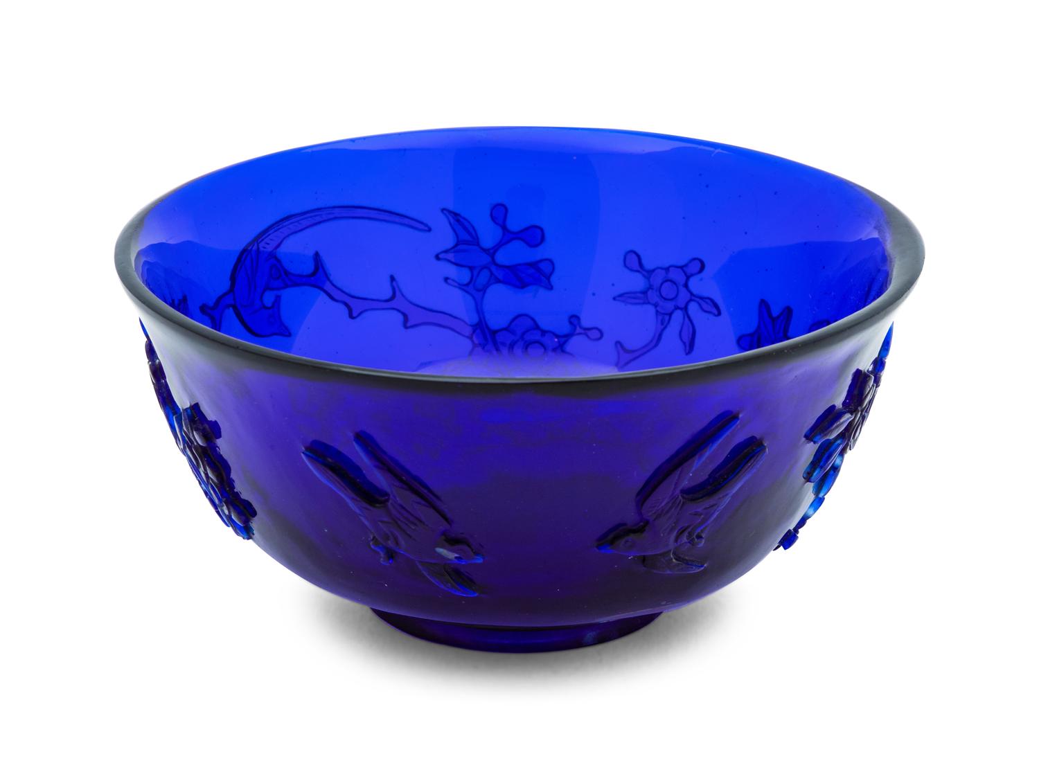 A Chinese Carved Transparent Blue Glass Bowl