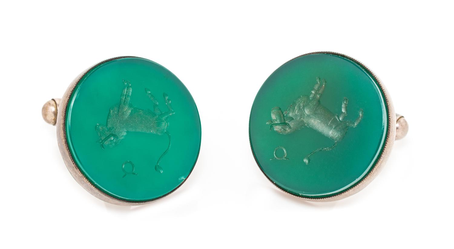 A Pair of Sterling Silver and Dyed Green Chalcedony 'Taurus' Intaglio Cufflinks, 8.80 dwts.