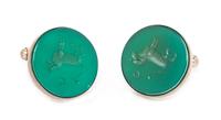 A Pair of Sterling Silver and Dyed Green Chalcedony 'Taurus' Intaglio Cufflinks, 8.80 dwts.