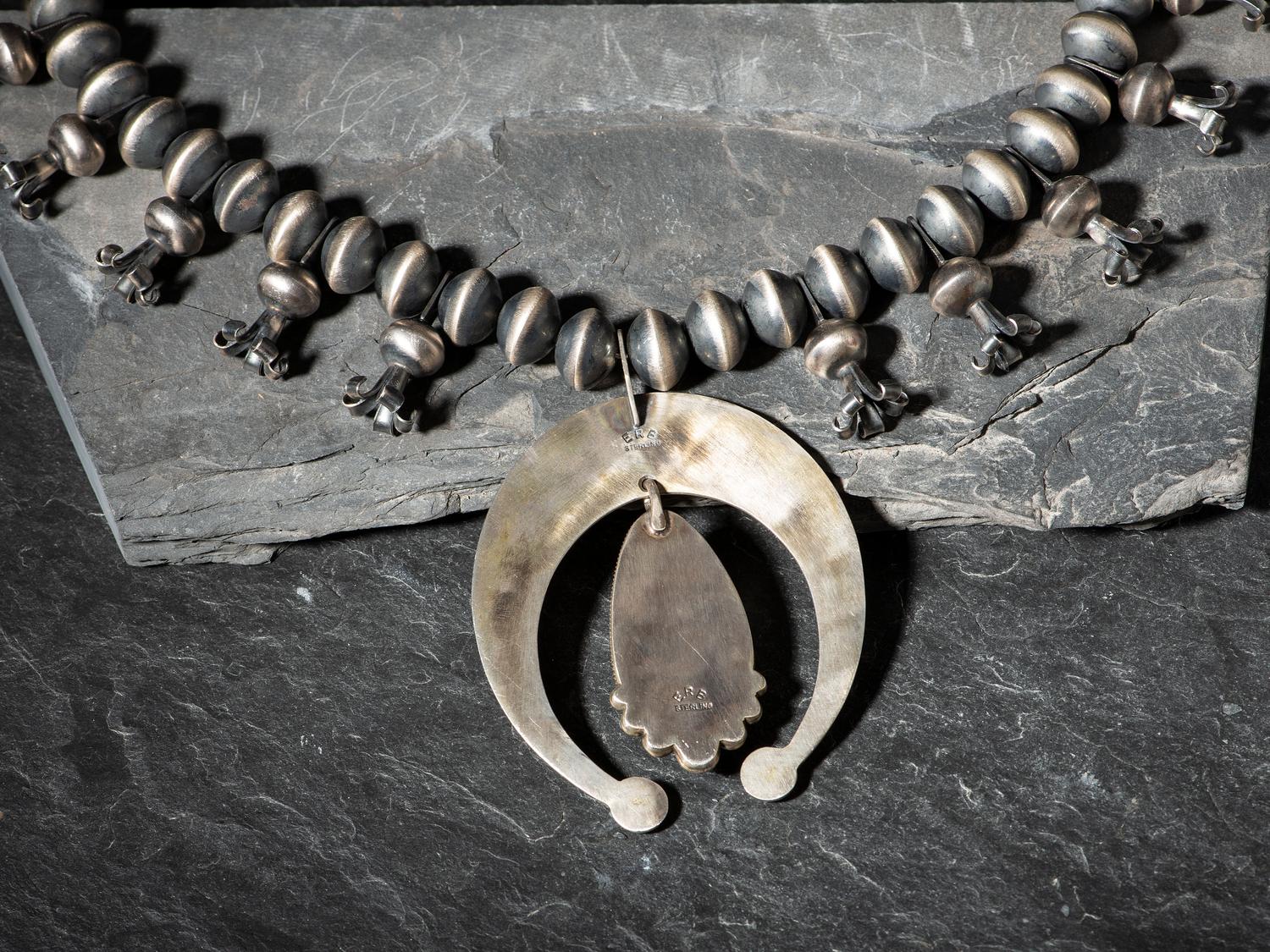 Large Sterling Silver and Royston Turquoise Squash Blossom Necklace