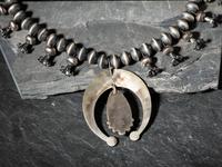 Large Sterling Silver and Royston Turquoise Squash Blossom Necklace