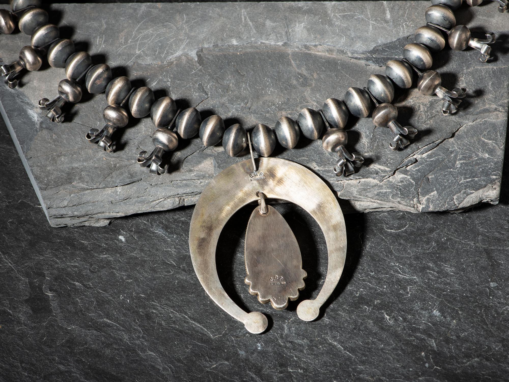 Large Sterling Silver and Royston Turquoise Squash Blossom Necklace