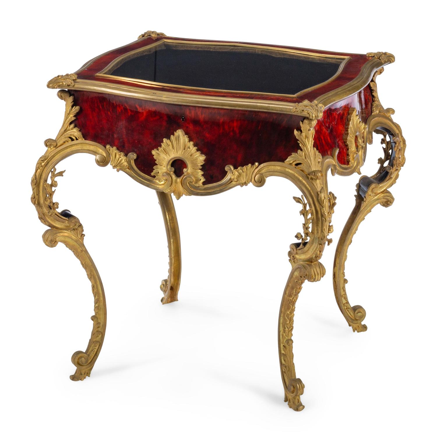 A Louis XV Style Gilt Bronze Mounted Tortoise Shell Veneered Vitrine Table