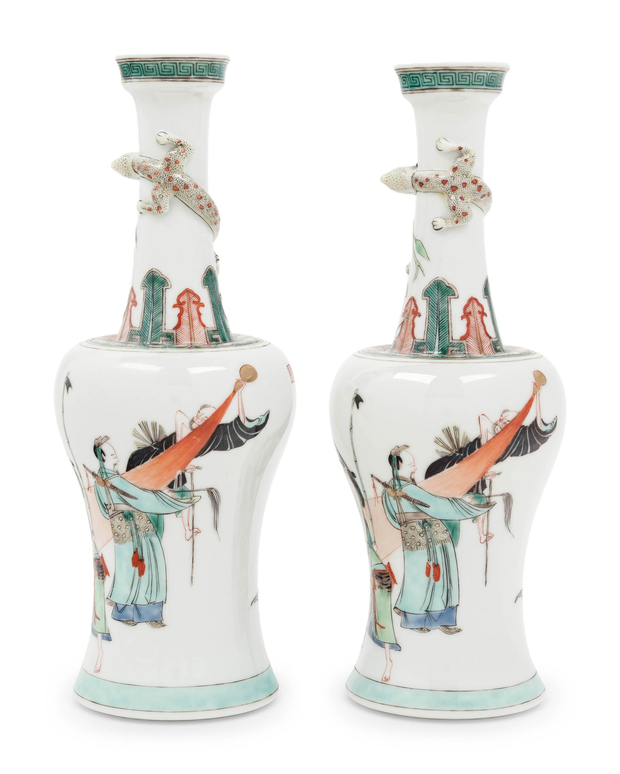 A Pair of Chinese Famille Verte Porcelain Yen-Yen Vases