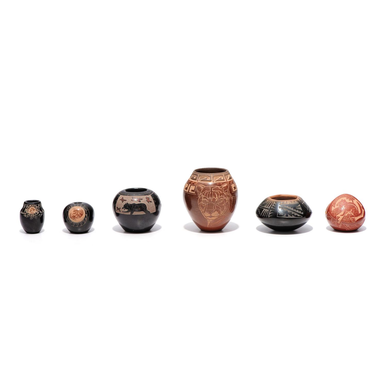 Group of Six Miniature Santa Clara Pottery