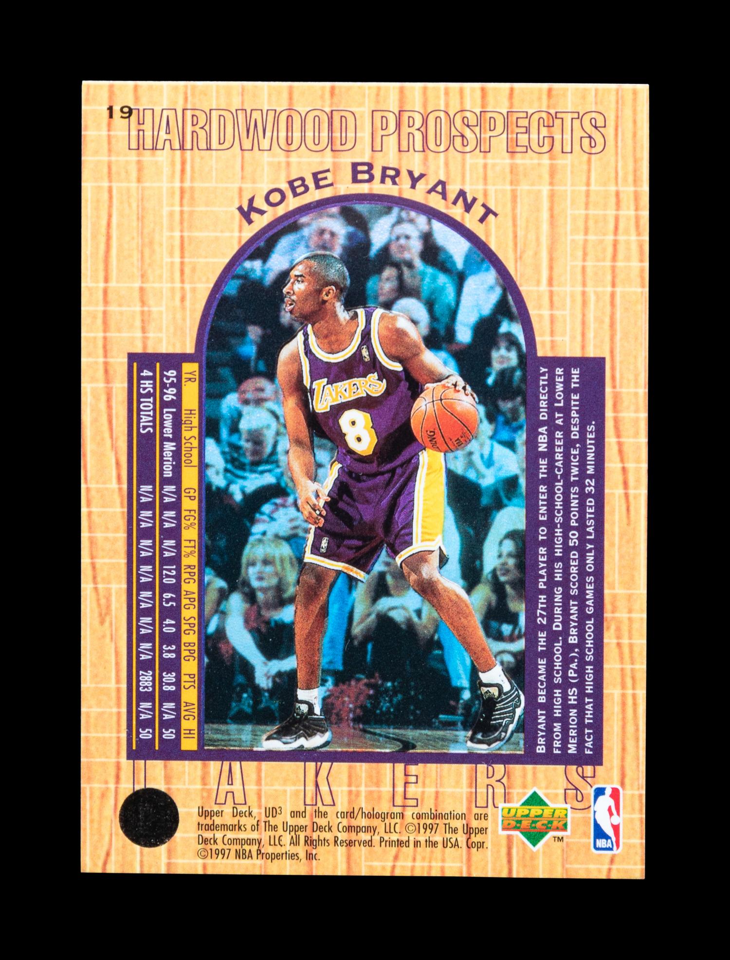 A 1996-97 Upper Deck UD3 Kobe Bryant Rookie Basketball Card No. 19