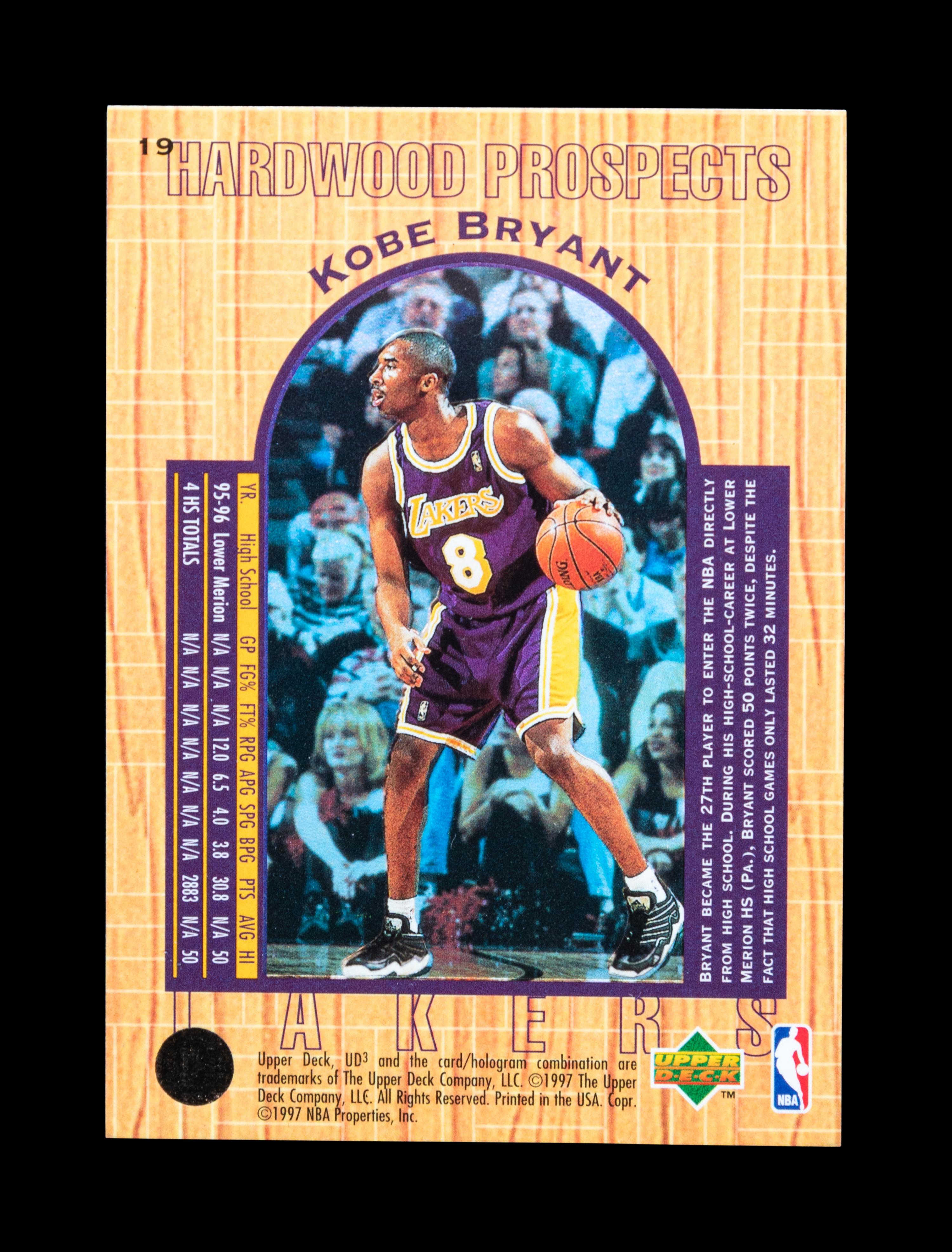 A 1996-97 Upper Deck UD3 Kobe Bryant Rookie Basketball Card No. 19