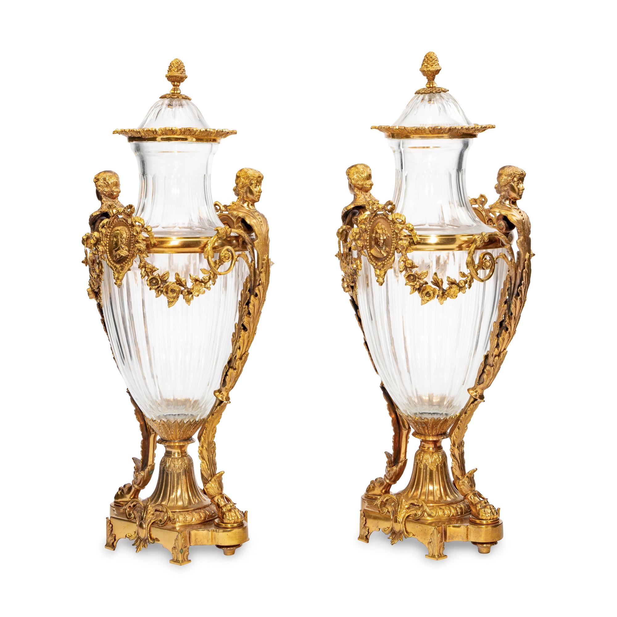 A Pair of Baccarat Gilt Bronze Mounted Glass Urns