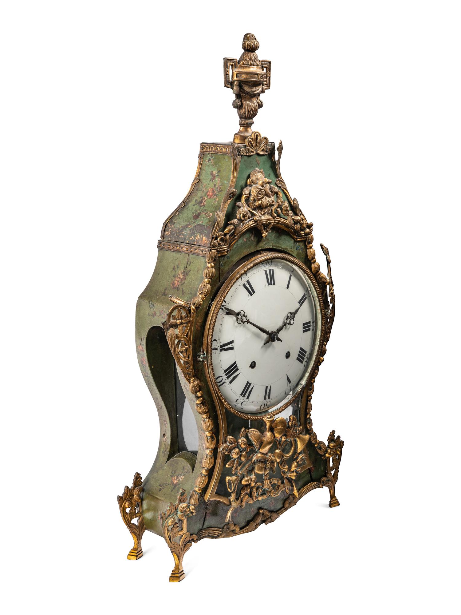 A Louis XV Gilt Metal Mounted Green-Painted Bracket Clock and Bracket