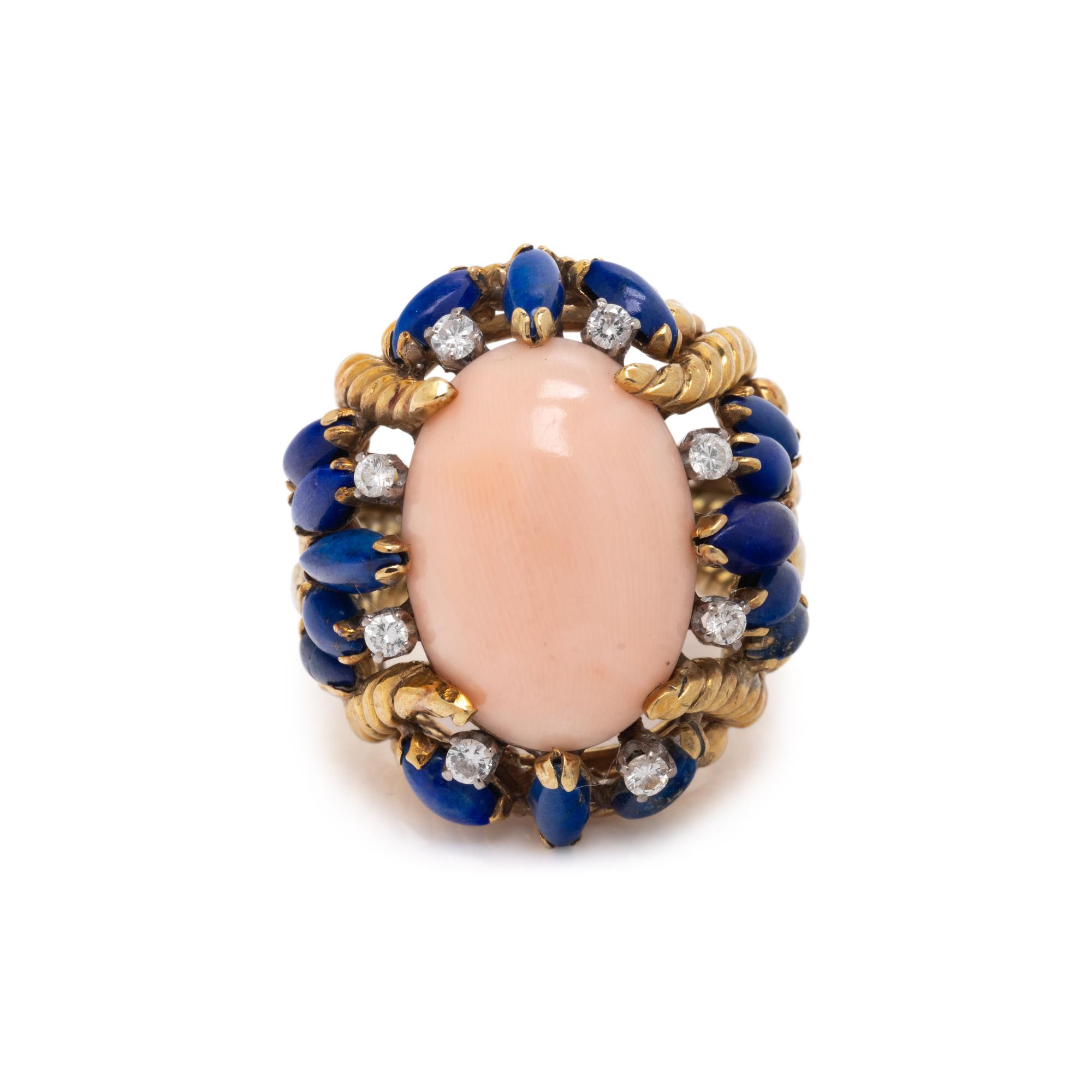 CORAL, LAPIS LAZULI, AND DIAMOND RING