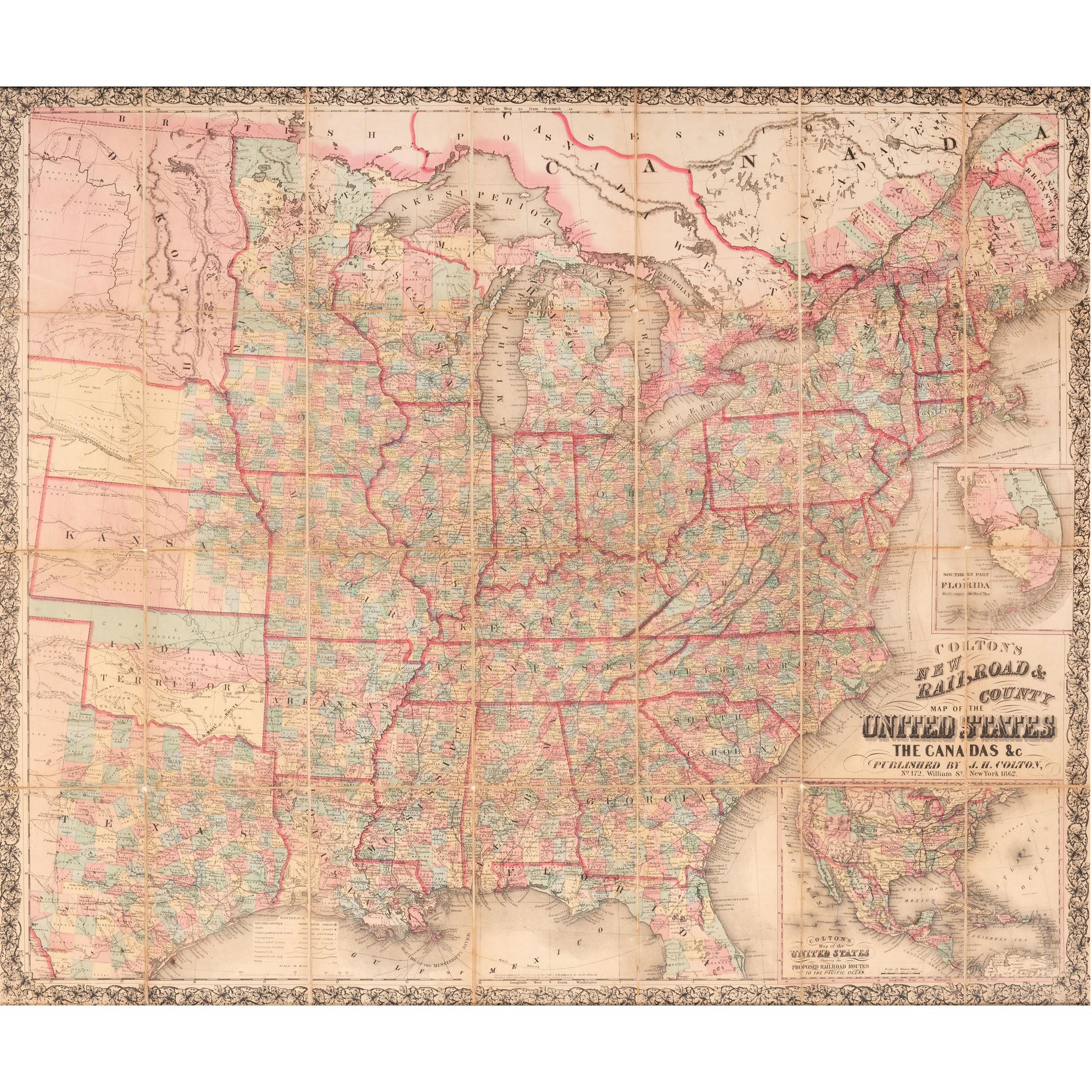 Colton's New Railroad & County Map of the United States, the Canadas, &c. , 1862