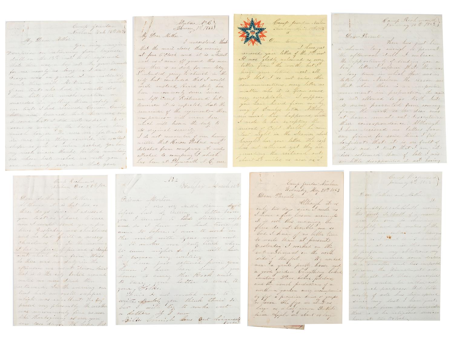 [CIVIL WAR]. A group of 10 letters from Private Morton Thompson, Co. A, 3rd Massachusetts Infantry.