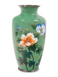 Five Japanese Green Ground Cloisonné Enamel and Embossed Foil 'Ginbari' Vases