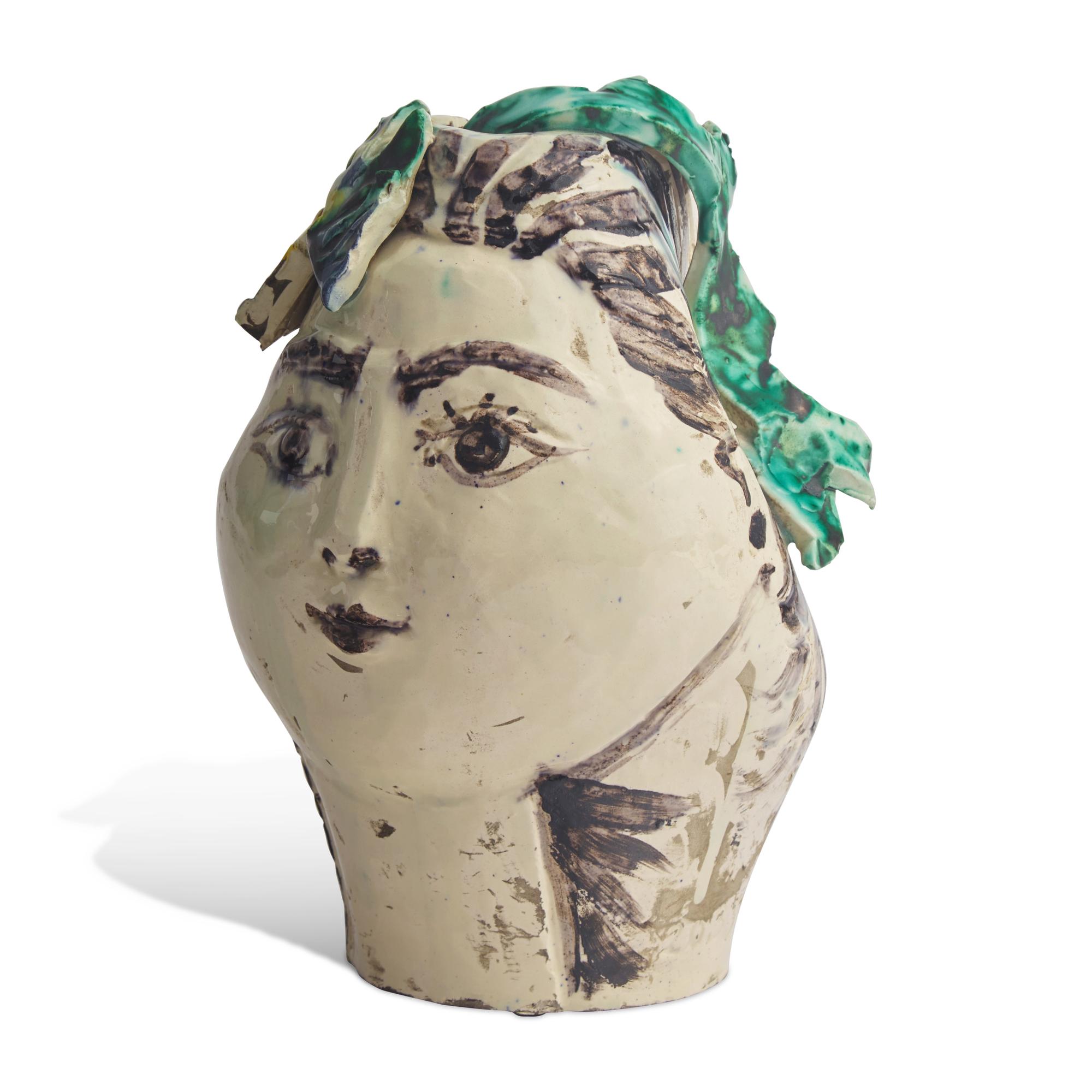 Pablo Picasso (Spanish, 1881-1973) — Tête de Femme Couronnée de Fleurs (Pichet), Unique Ceramic, 1954