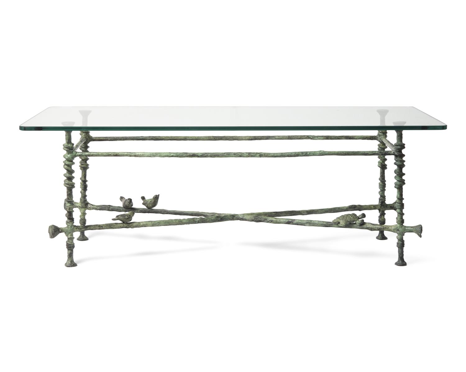 A Giacometti-Style Patinated Bronze and Glass Cocktail Table