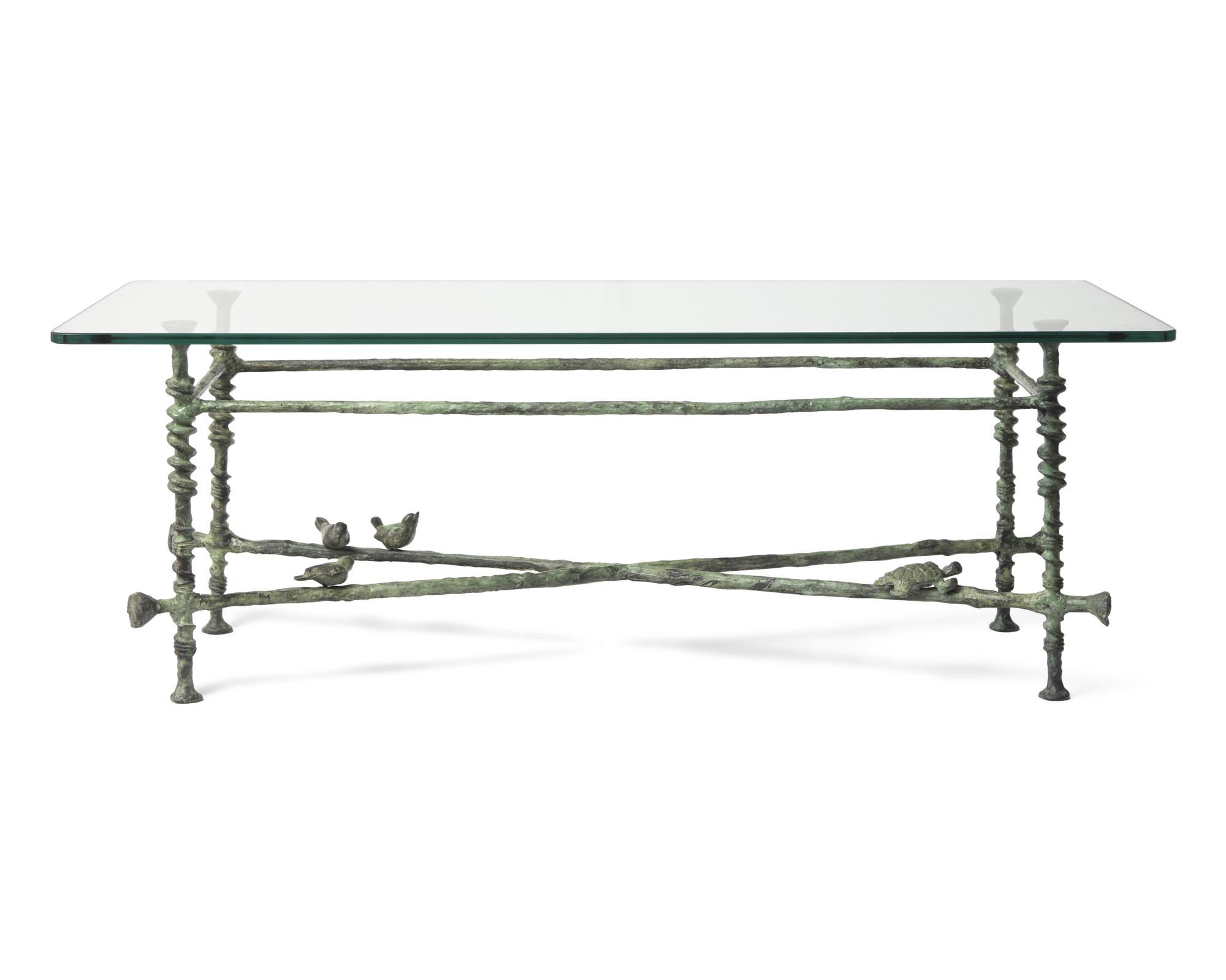 A Giacometti-Style Patinated Bronze and Glass Cocktail Table