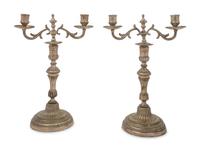 A Pair of Silvered Brass Two-Light Candelabra