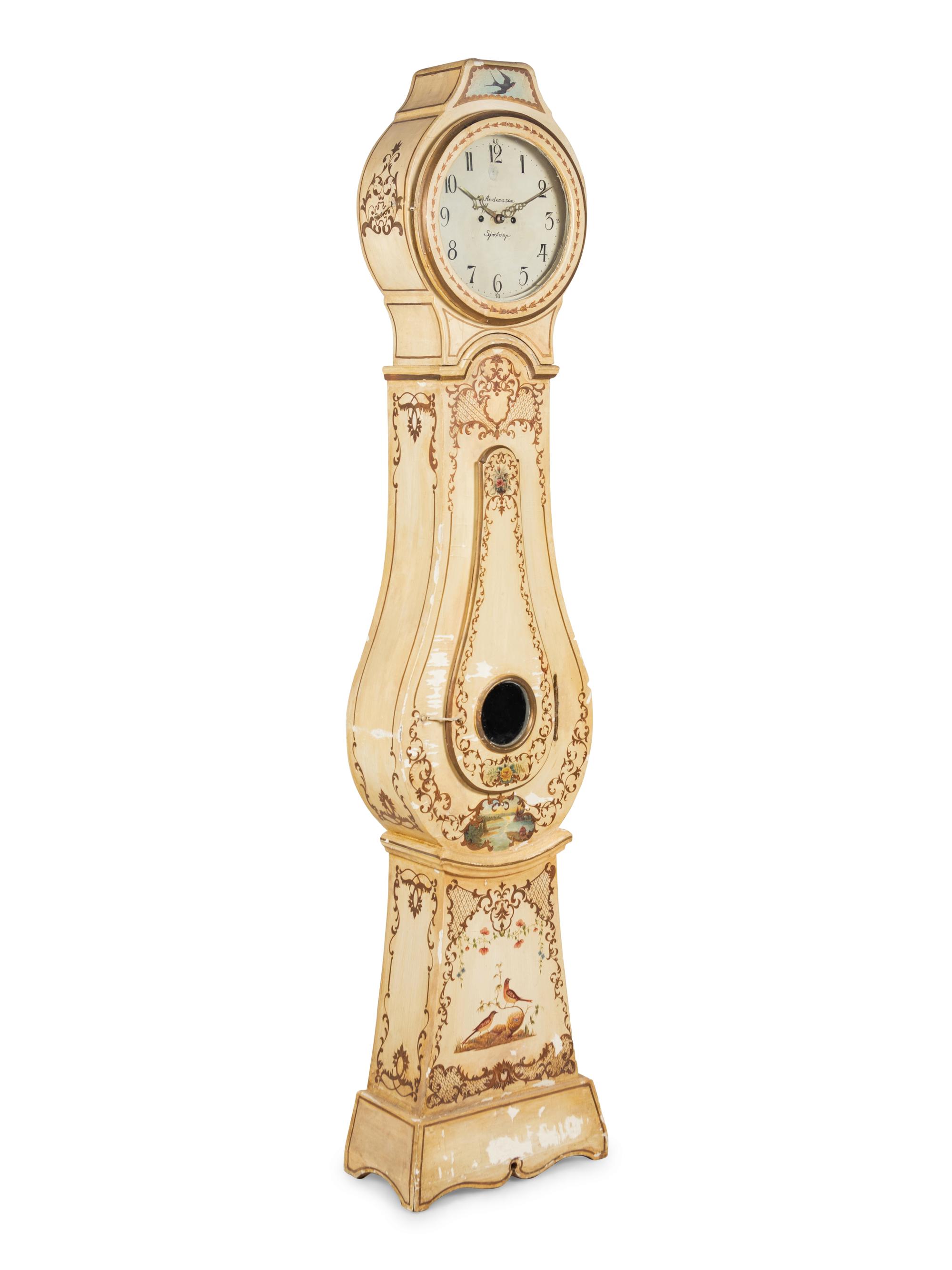 A Gustavian Polychrome Decorated Morbier-Form Clock