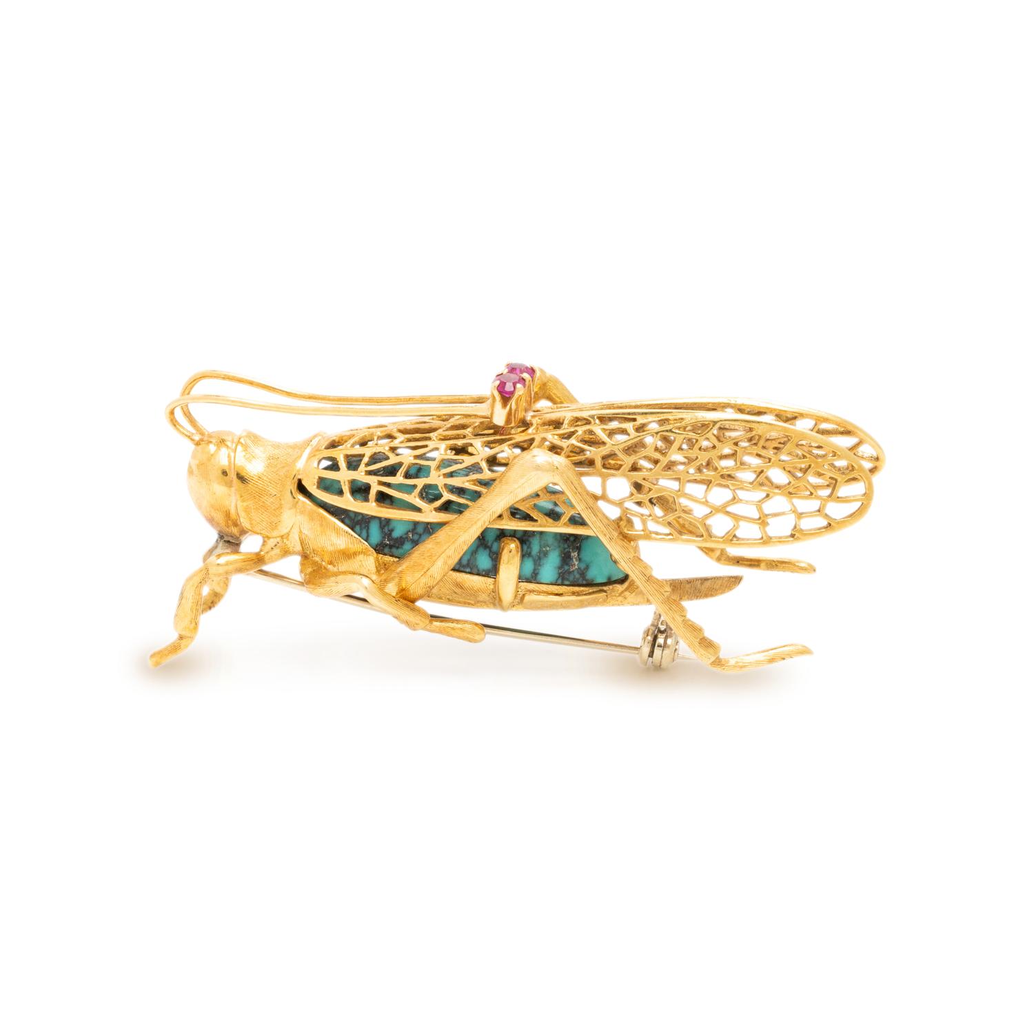 Yellow Gold and Turquoise Grasshopper Brooch