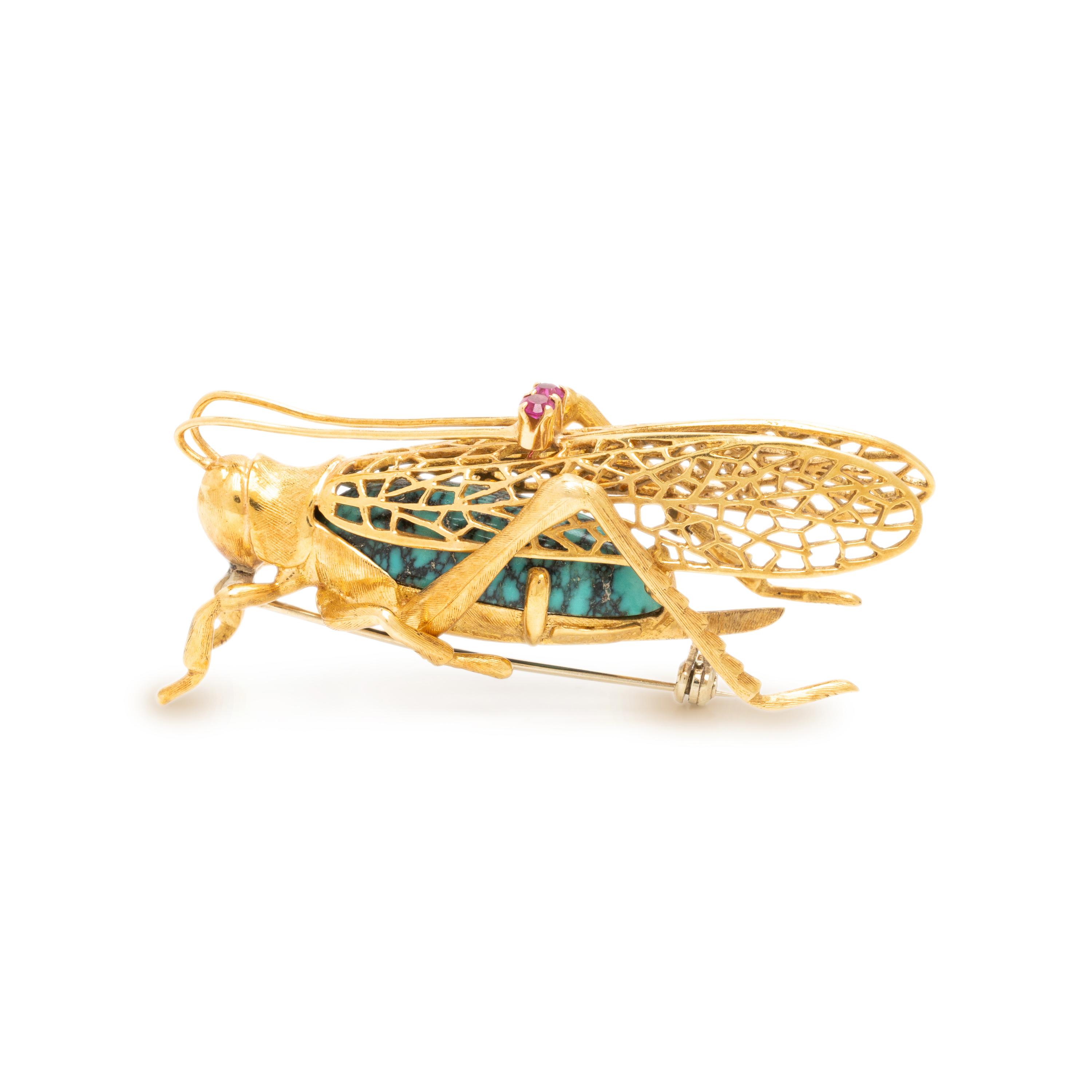 Yellow Gold and Turquoise Grasshopper Brooch