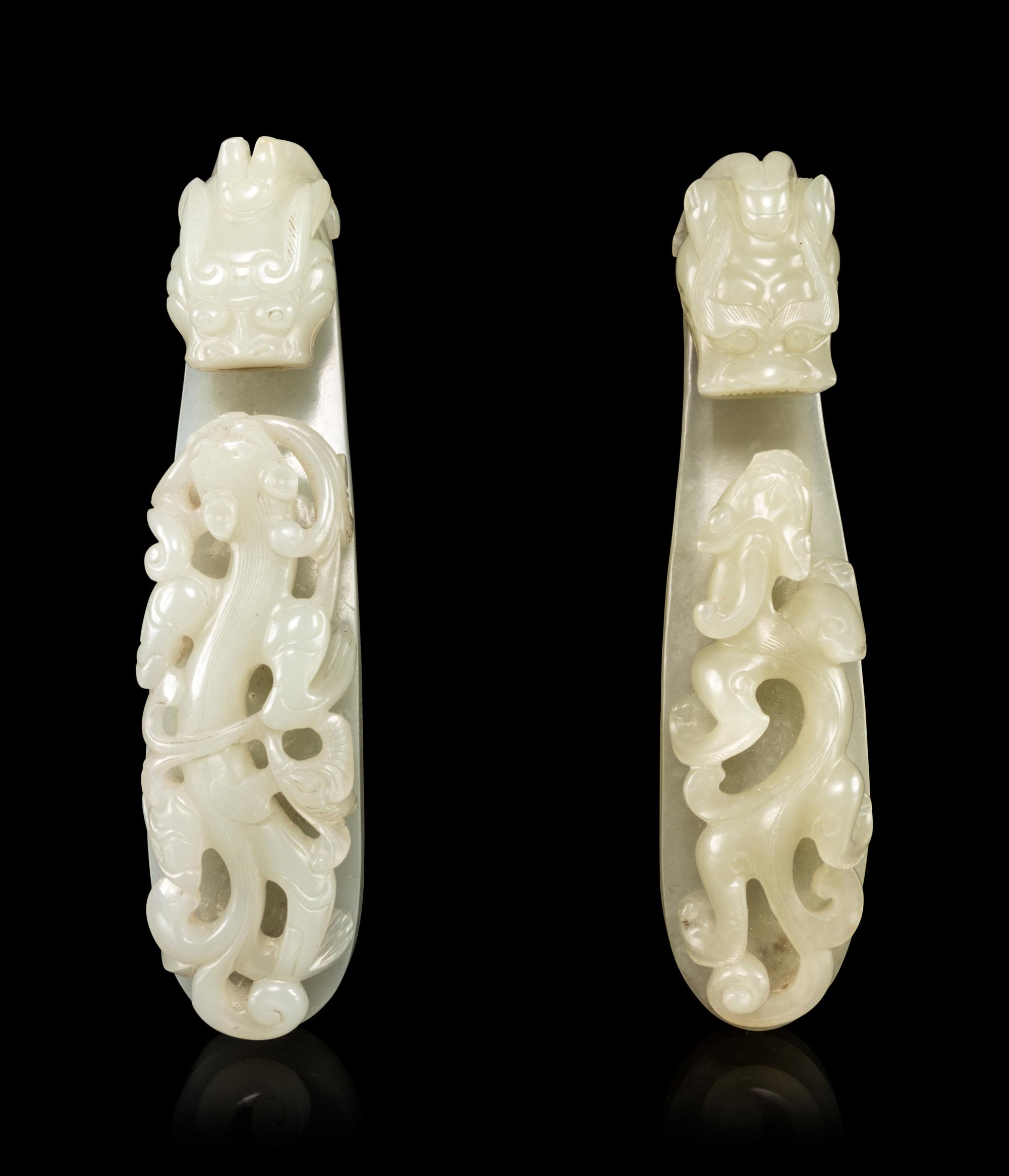 Two Celadon Jade Dragon-Head Belt Hooks